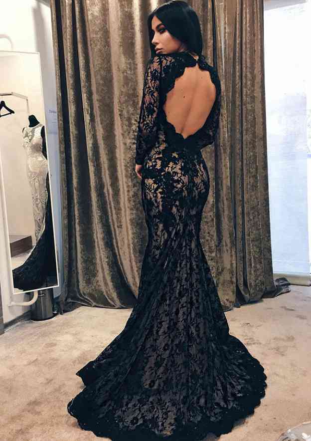 Trumpet/Mermaid Lace Short Sleeves Scoop Neck Prom Dresses