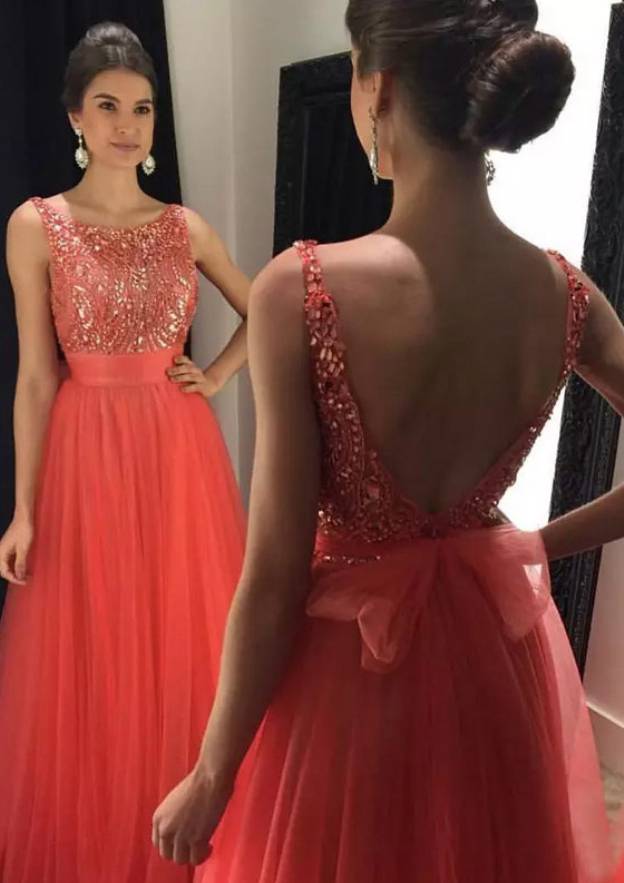 A Line Bateau Floor Length Half sleeve Tulle Prom Dress LBQ0435