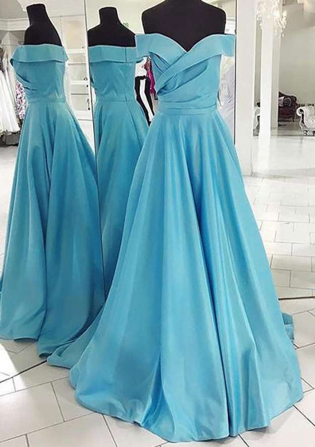 A-line Off the Shoulder Sweep Train Satin Prom Dresses With Rhinestone main image 1