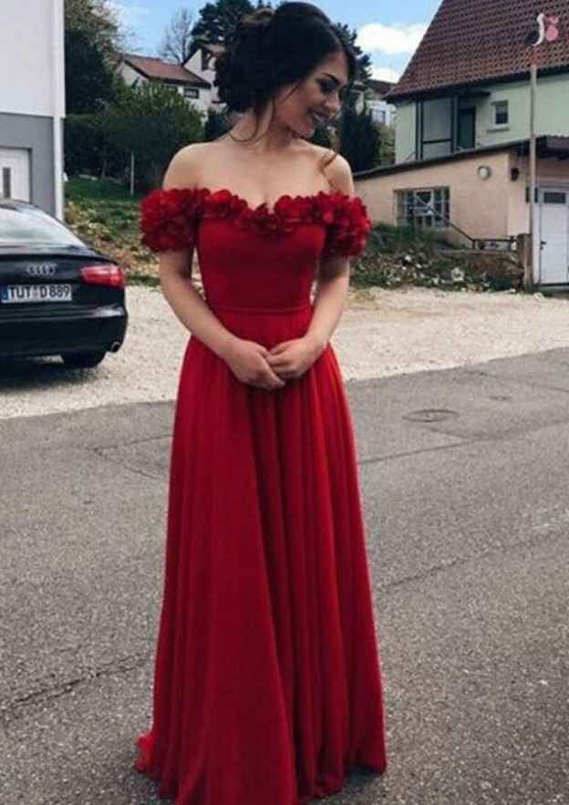 A-Line/Princess Off-the-shoulder Floor-length Printed Floral Prom Dresses with Slit main image 1