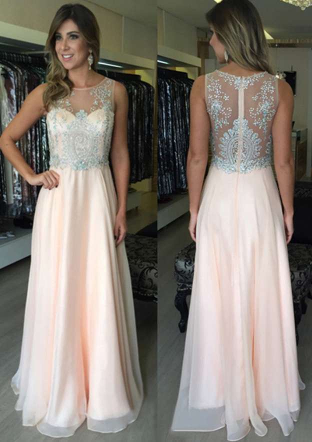 Bateau A-Line/Princess Long/Floor-Length Chiffon Prom Dress With Appliqued  - Prom Dresses - Stacees