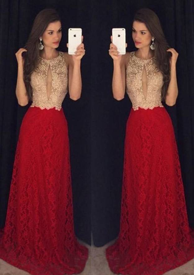 A-line Scoop Neck Satin Floor-length Prom Dress with Lace Appliques