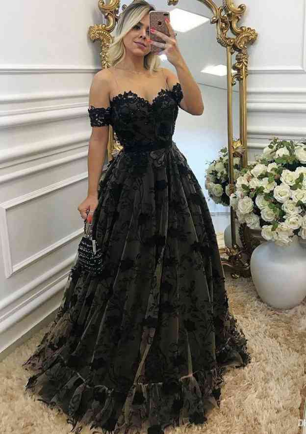 Ball Gown Off-the-Shoulder Sleeveless Floor-Length Lace Satin Prom Dresses