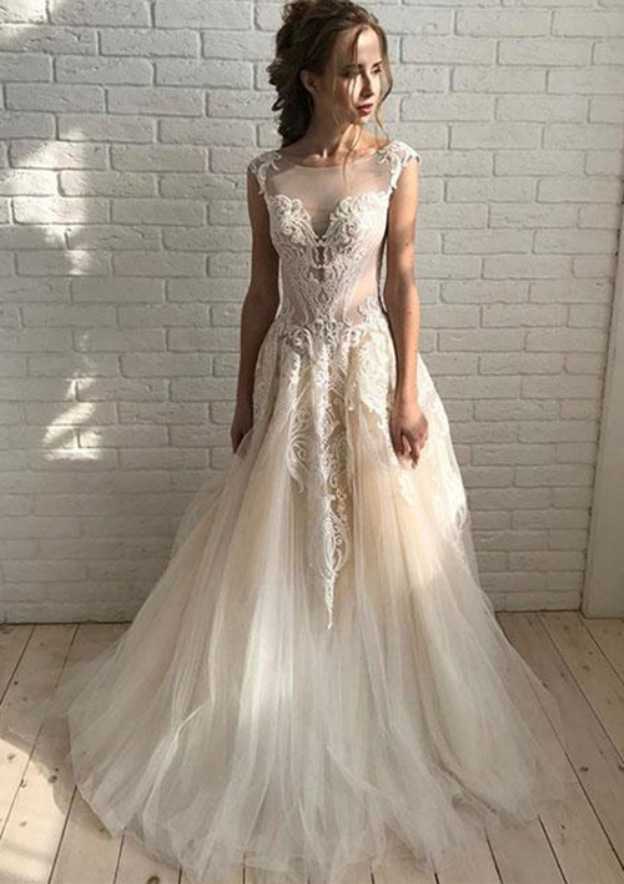 A-Line/Elegant Bateau Sleeveless Beading Tulle Prom Dresses