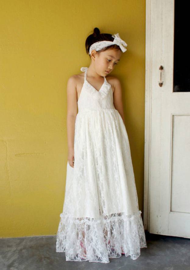 Halter ALine/Princess Long/FloorLength Lace Flower Girl Dress With