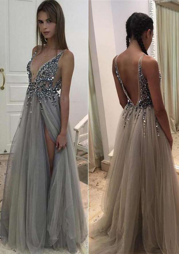 A-Line/Princess V-Neck Floor-Length Prom Dresses Open Back