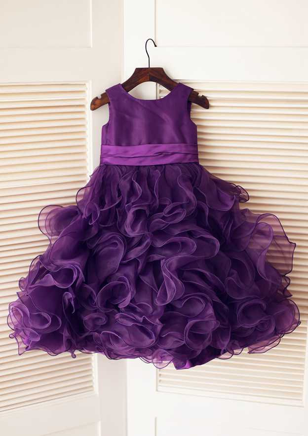 A-Line/Princess Scoop Neck Short Flower Girl Dresses with Floral Appliques