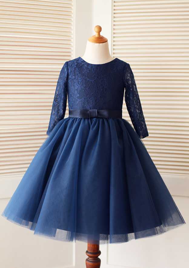 Lace Cotton 3/4 Length Sleeve V Neck Flower Girl Dress
