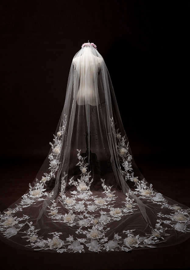 Voile De Mariée Cathédrale Mantille Dentelle Ivoire Soie Neuve
