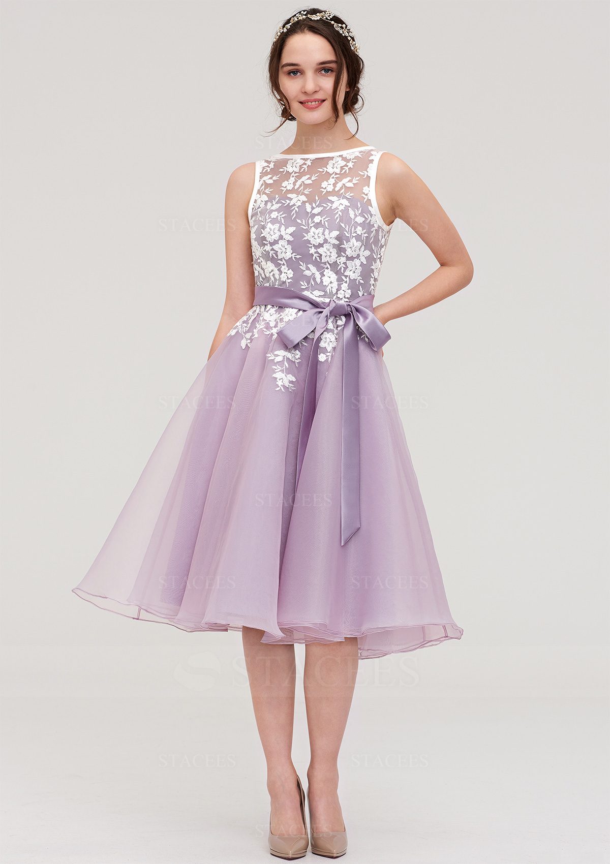 A-line/Princess Bateau Sleeveless Knee-Length Organza Bridesmaid Dress With  Sashes Lace