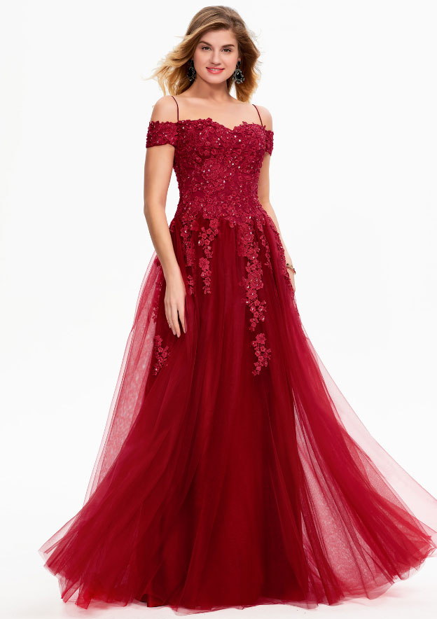 A-Line Princess Sleeveless Off-the-Shoulder Satin Ruffles Floor-Length Red Prom Dresses main image 1