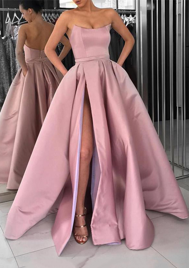A-line Square Neck Long/Floor-Length Satin Prom Dress With Pockets Split - Prom  Dresses - Stacees