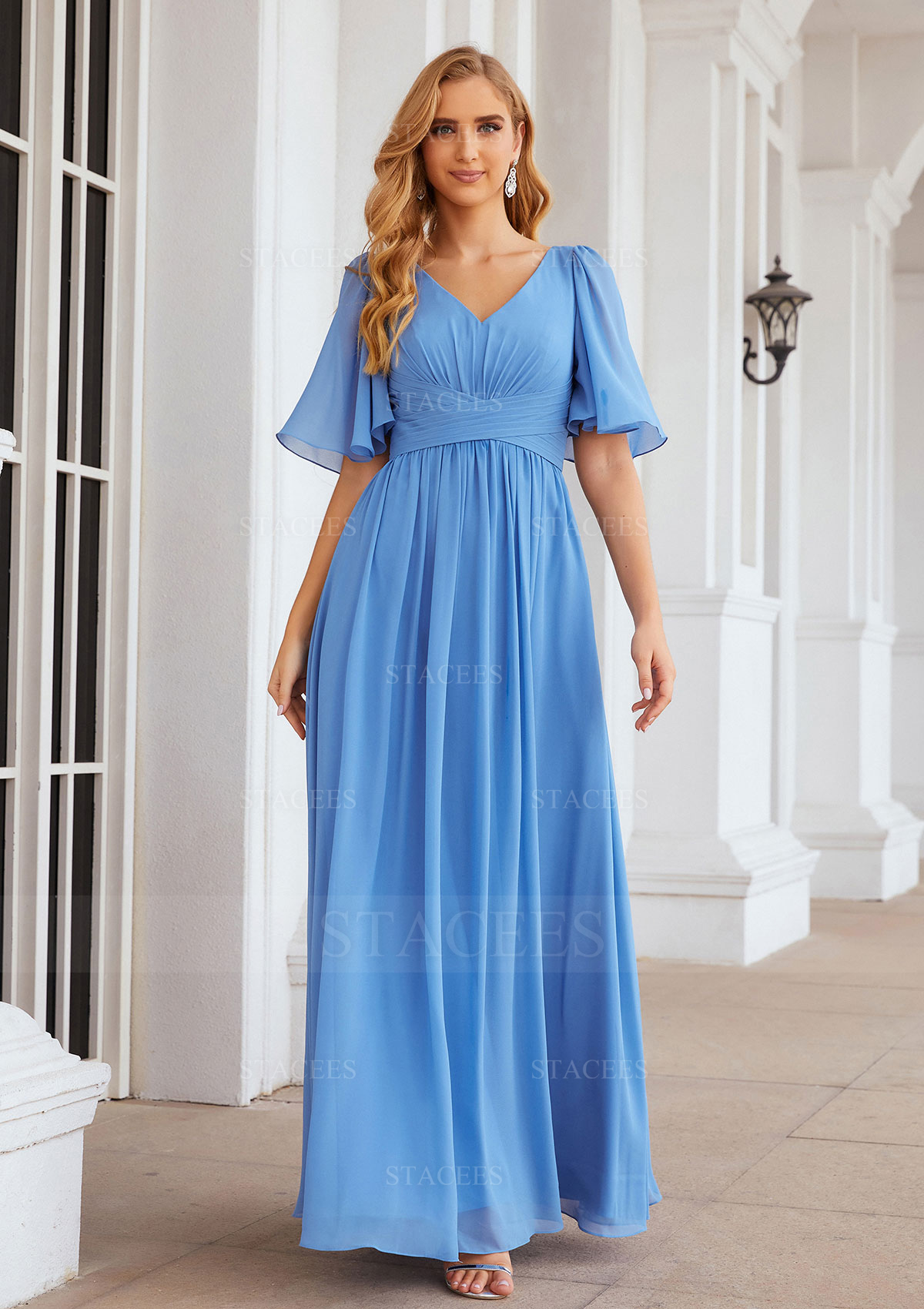 thumbnail image 2 of Martini Olive Chiffon Bridesmaid Dress A-Line Maxi Flutter Sleeve 2 of 13