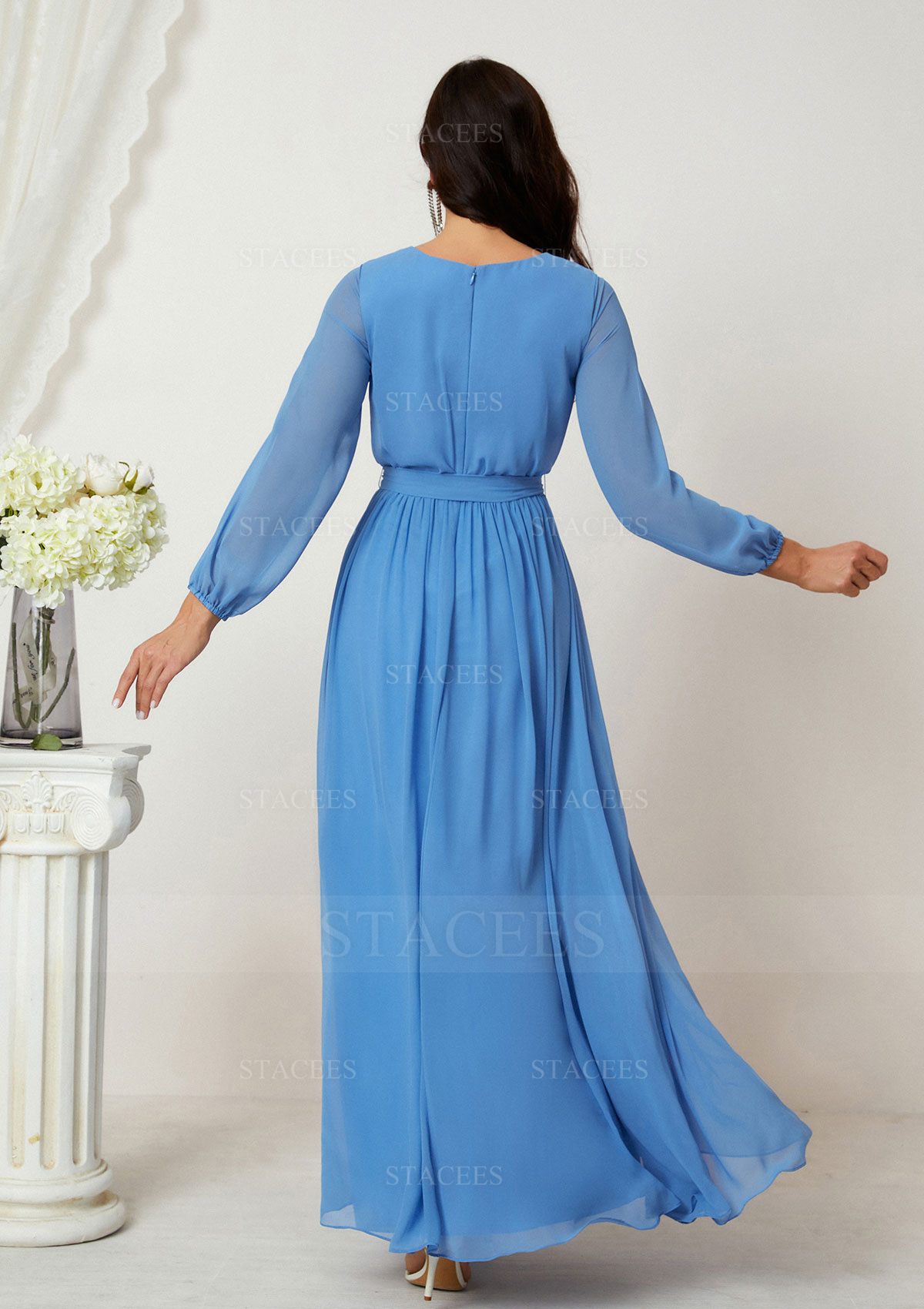 Stacees Mother of the Bride Dress A-line V Neck Full/Long Sleeve Chiffon Long/Floor-Length - Rich Blue Stacees Mother of the Bride Dress A-line V Neck Full/Long Sleeve Chiffon Long/Floor-Length - Rich Blue
