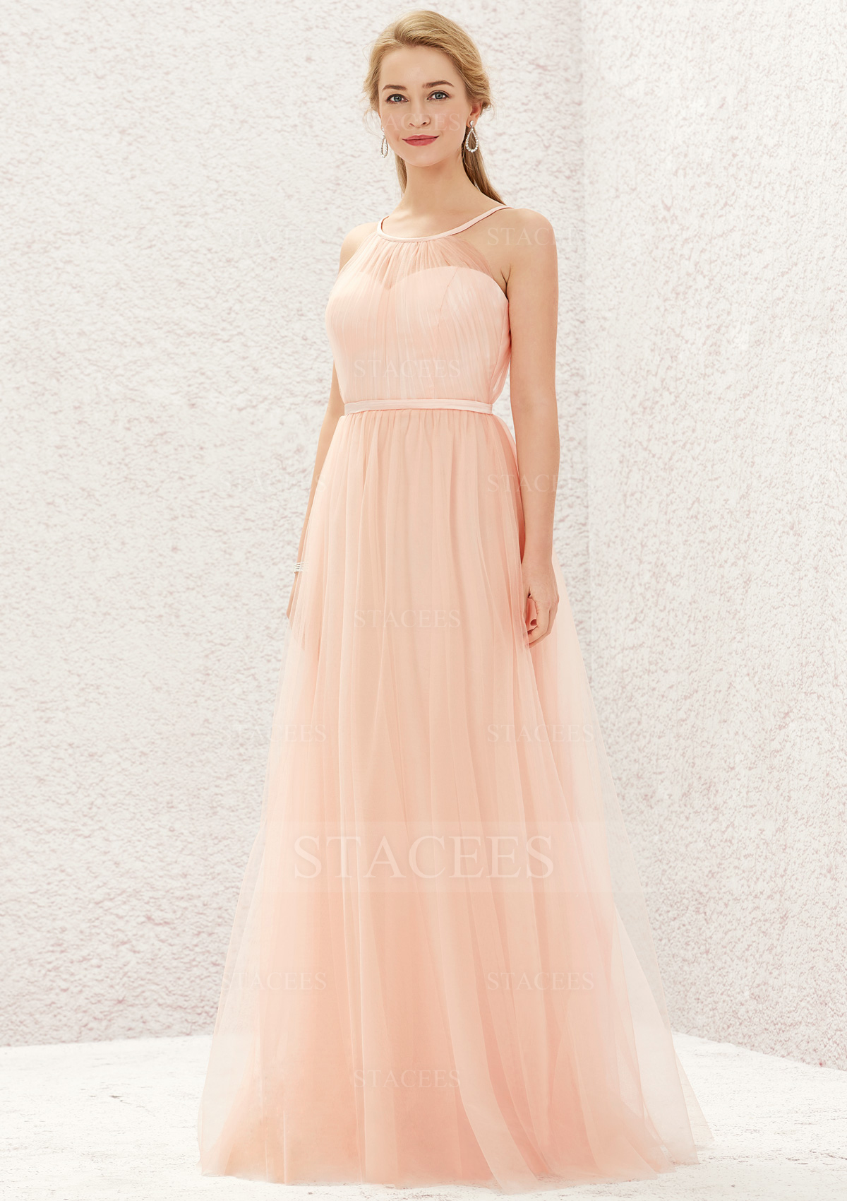Stacees Bridesmaid Dress A-line Halter Long/Floor-Length Tulle Satin Pleated - Pearl Pink
