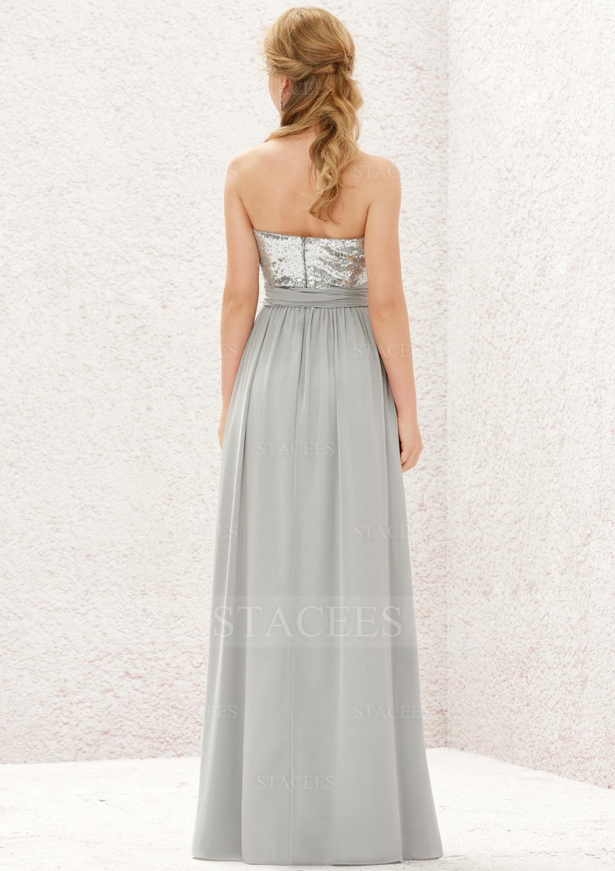 A-line Sleeveless Long/Floor-Length Chiffon Sequined Bridesmaid Dress With  Bandage Pleated - Bridesmaid Dresses - Stacees