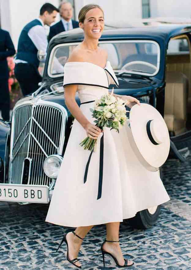 A-line Off-the-Shoulder Short Sleeve Satin Tea-Length Wedding Dress With Satin Trim