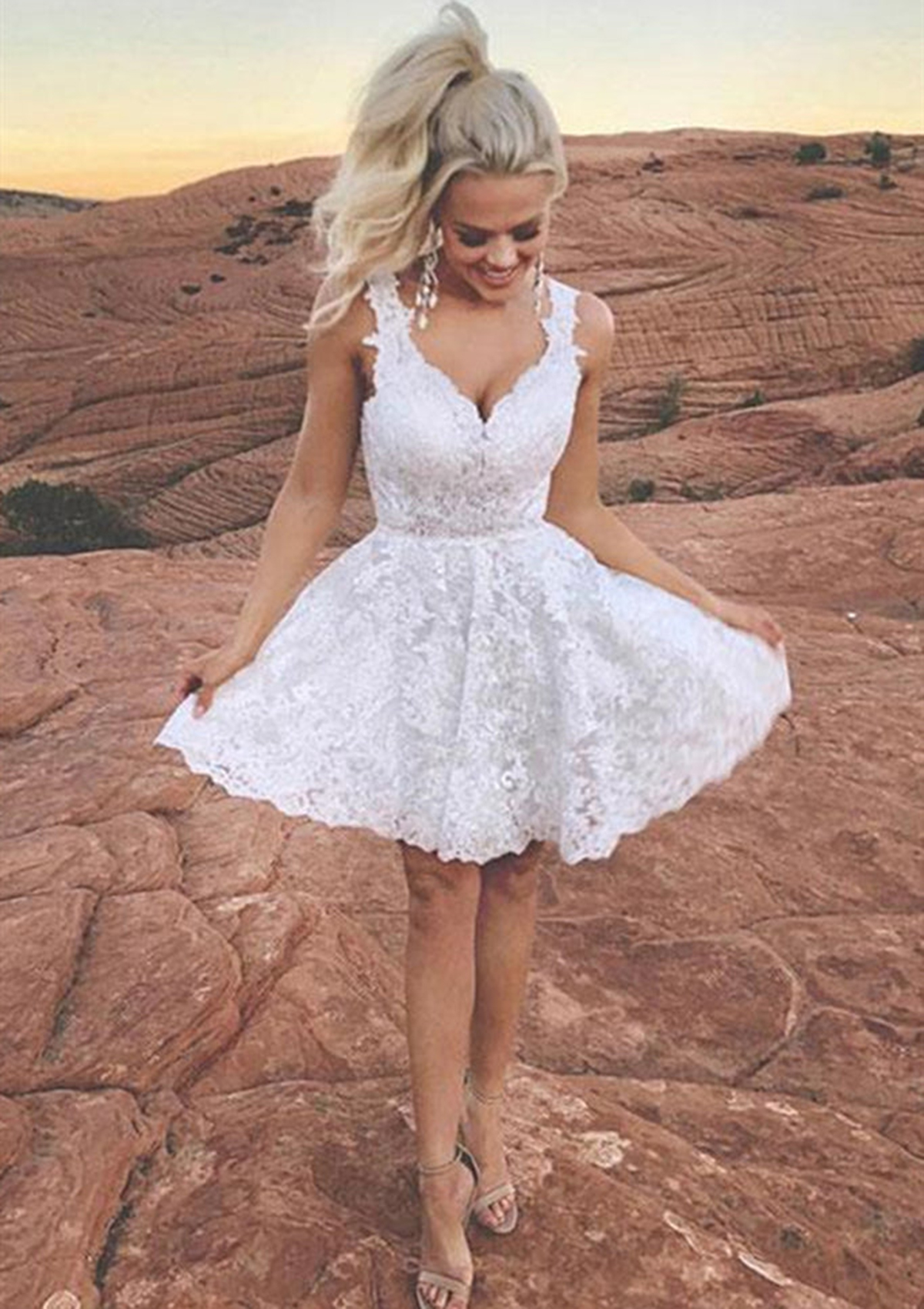 homecoming dresses lace short Short Pink Off Shoulders Lace Prom Dress main image 0