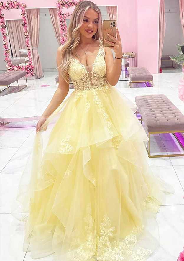 Princess Sleeveless V Back Floor Length Court Lace Tulle Party Prom Dress main image 1