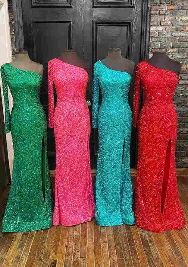 Sheath/Column OneShoulder Velvet Sequins Long/FloorLength Prom Dress