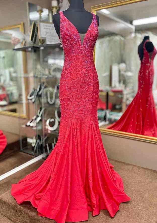 strapless open back dress Fabulous Red Strapless Mermaid Beaded Sleeveless Split Front Ruffle Panel Train Satin Prom Dresses with Rhinestone