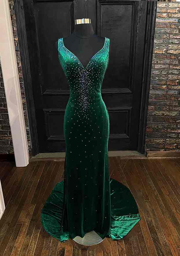 Sheath/Column V Neck Sleeveless Velvet Sweep Train Prom Dress With Beading Pleated - Prom Dresses - Stacees Sheath/Column V Neck Sleeveless Velvet Sweep Train Prom Dress With Beading Pleated - Prom Dresses - Stacees