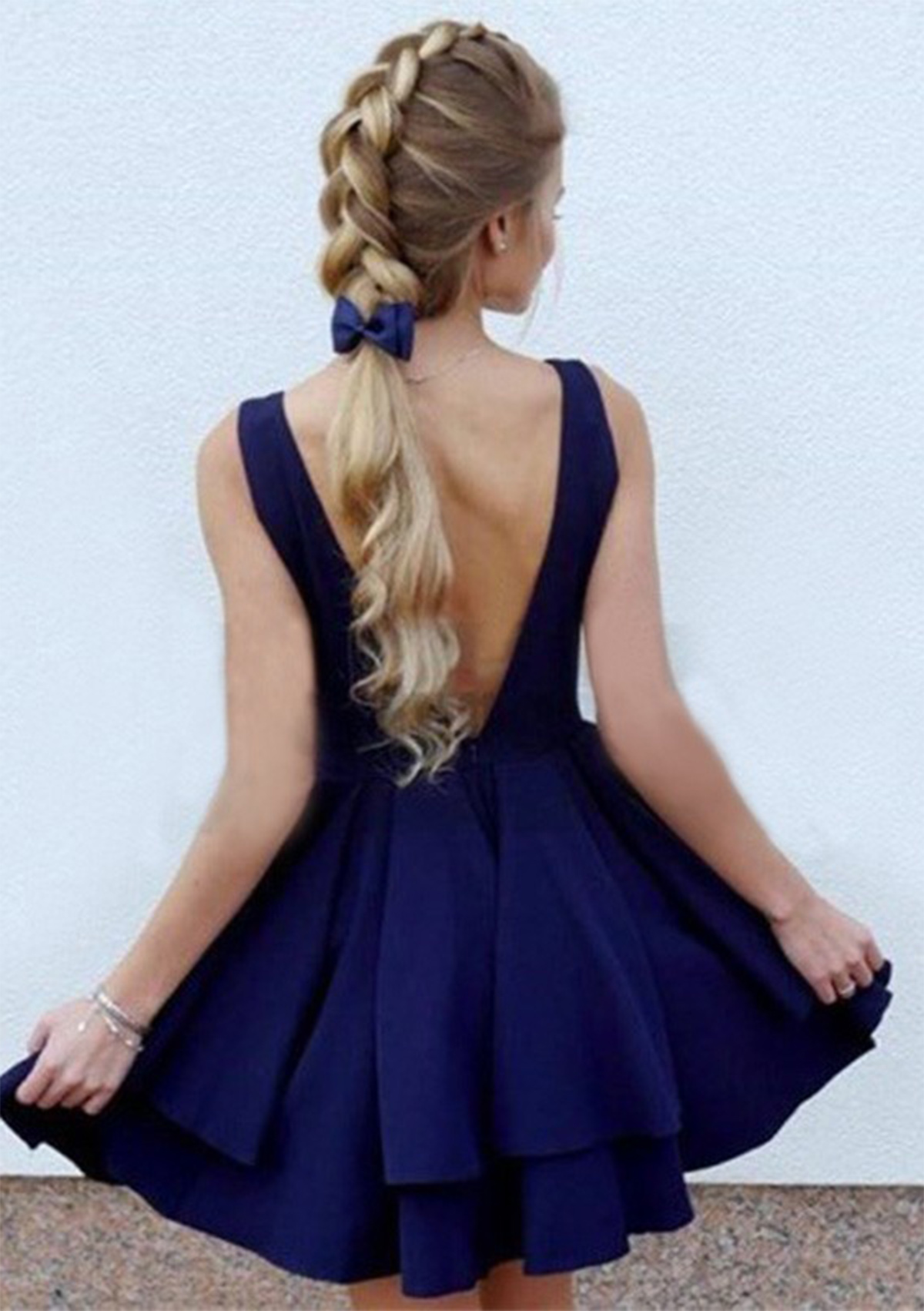 A-line V Neck Short/Mini Satin Homecoming Dress with Ruffles - Homecoming Dresses - Stacees A-line V Neck Short/Mini Satin Homecoming Dress with Ruffles - Homecoming Dresses - Stacees