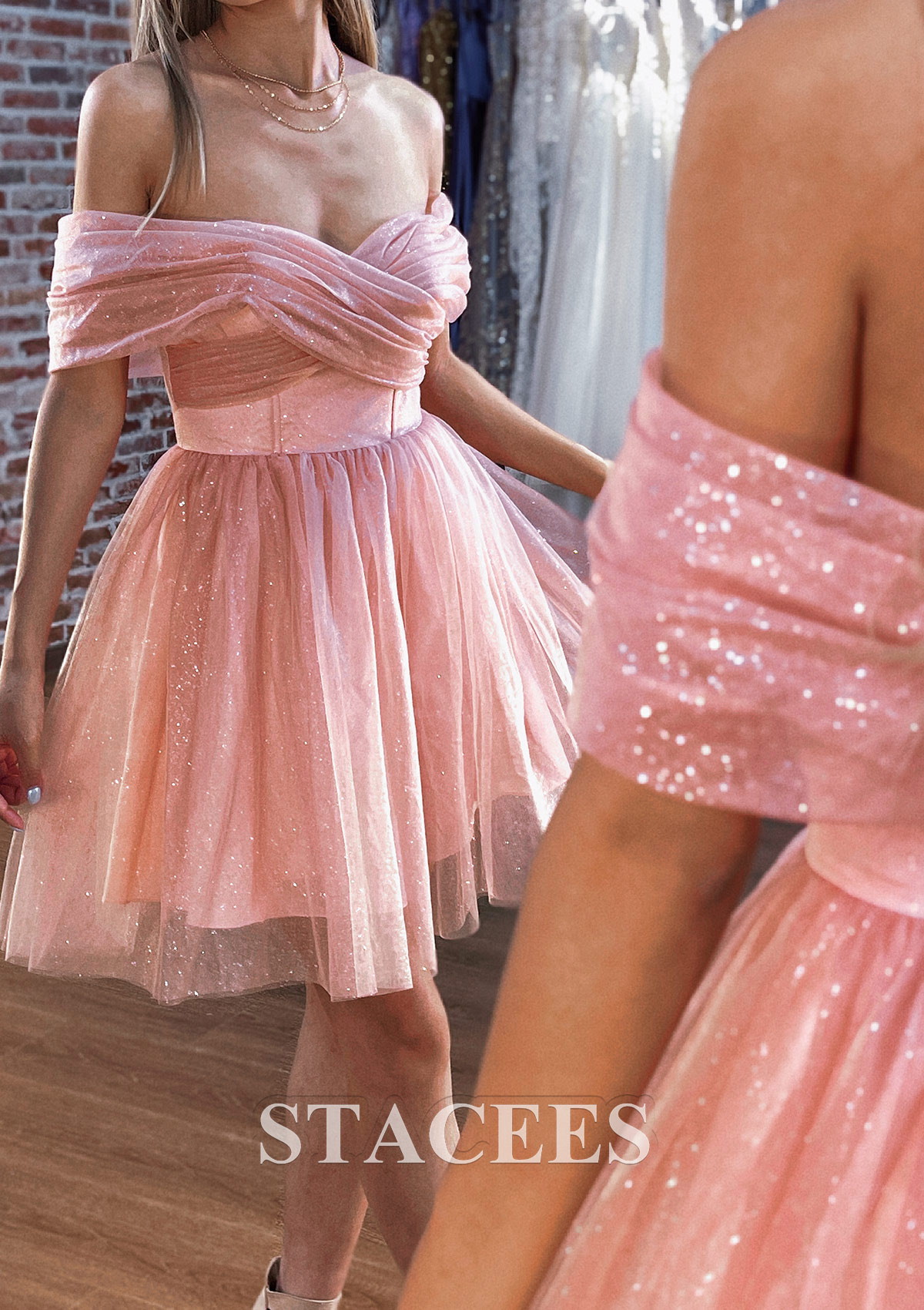 Stacees OffintheinShoulder Homecoming Dress with Glitters Detachable Long Sleeves