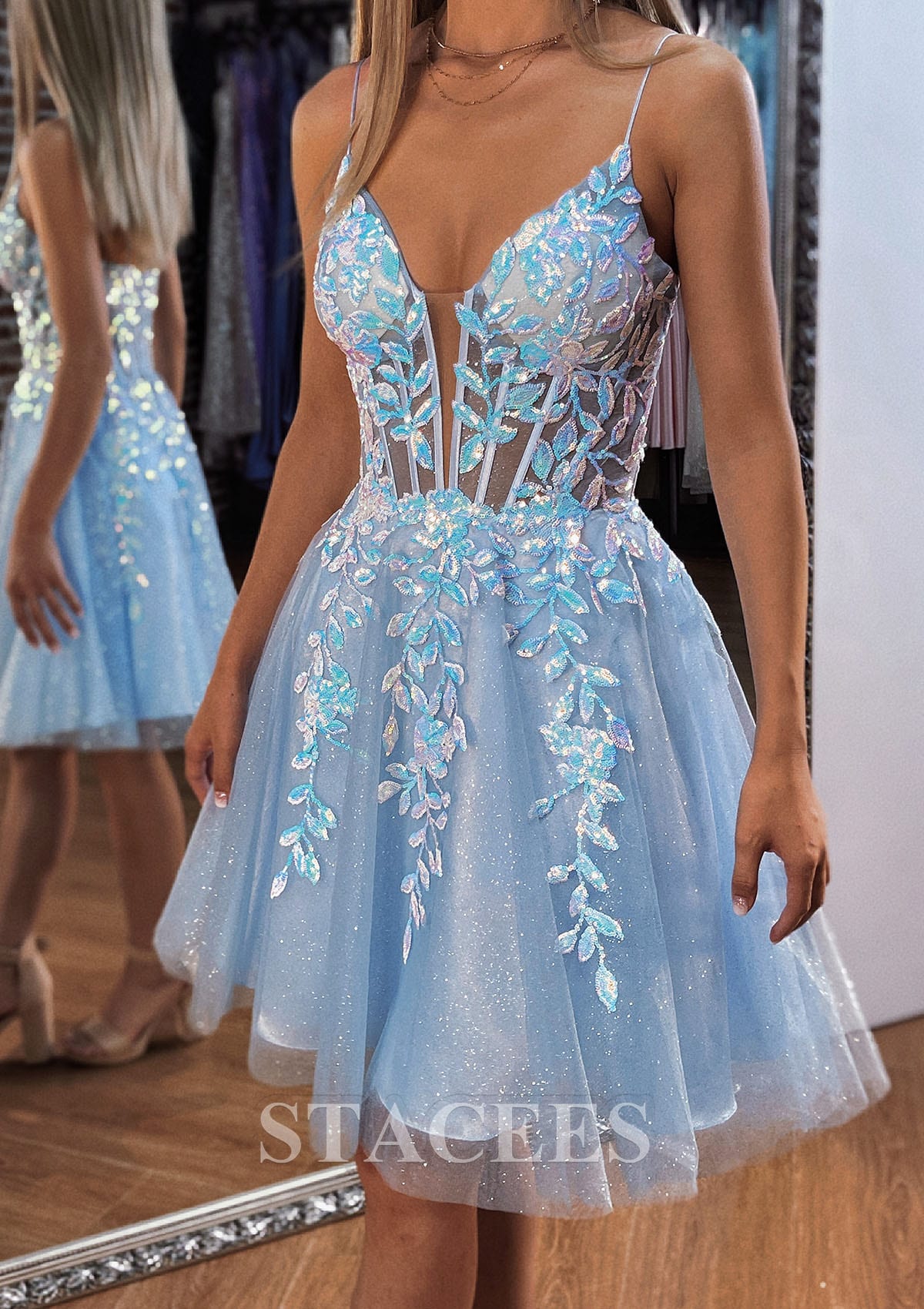 Stacees Floral Sequined Lace Homecoming Dress with Glitter in Sky Blue