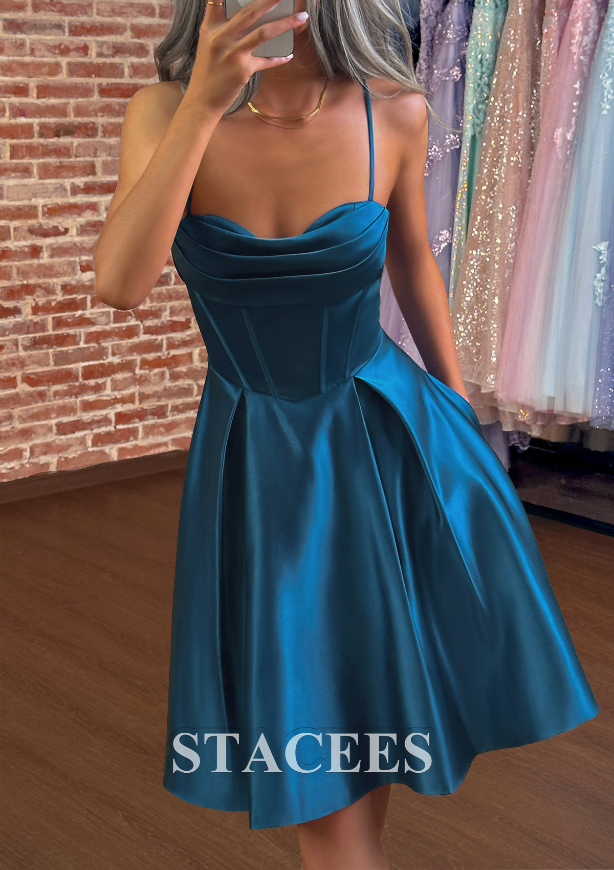 Stacees Ink Blue Homecoming Dress Ainline Cowl Neck Pleated Pockets
