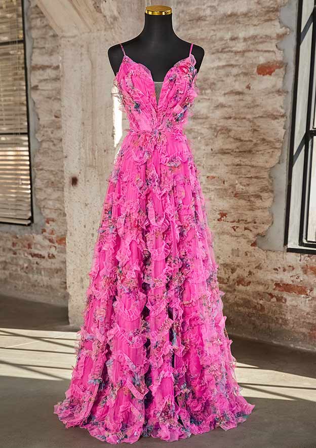 A-line V Neck Sleeveless Floor-Length Tulle Prom Dress with Ruffles