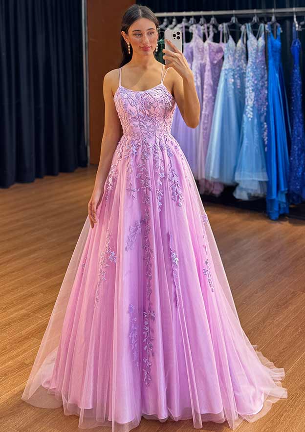 A-Line/Princess Square Collar Lace Prom Dresses Floor-Length Floral Formal Dresses