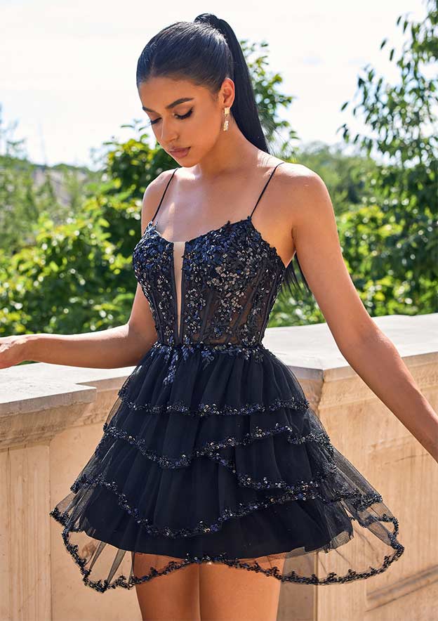 A-line V Neck Short/Mini Tulle Homecoming Dress with Appliqued Ruffles Sequins S7977H - Homecoming Dresses - Stacees A-line V Neck Short/Mini Tulle Homecoming Dress with Appliqued Ruffles Sequins S7977H - Homecoming Dresses - Stacees