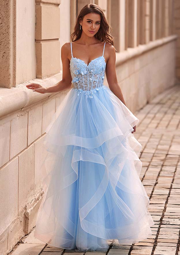Aline Princess Tulle Prom Dress V Neck FloorLength with Appliqued