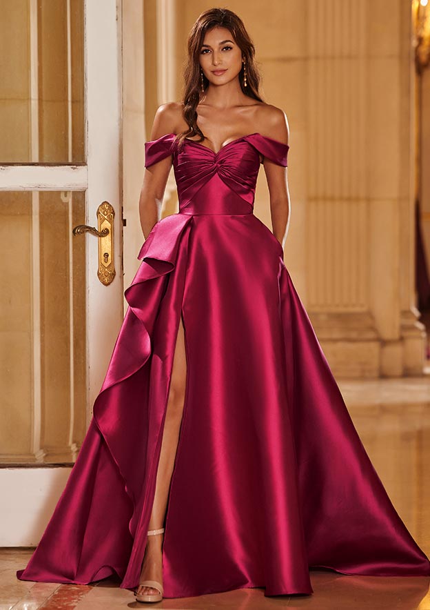 Aline Satin Prom Dress OfftheShoulder Sweep Train with Pleated