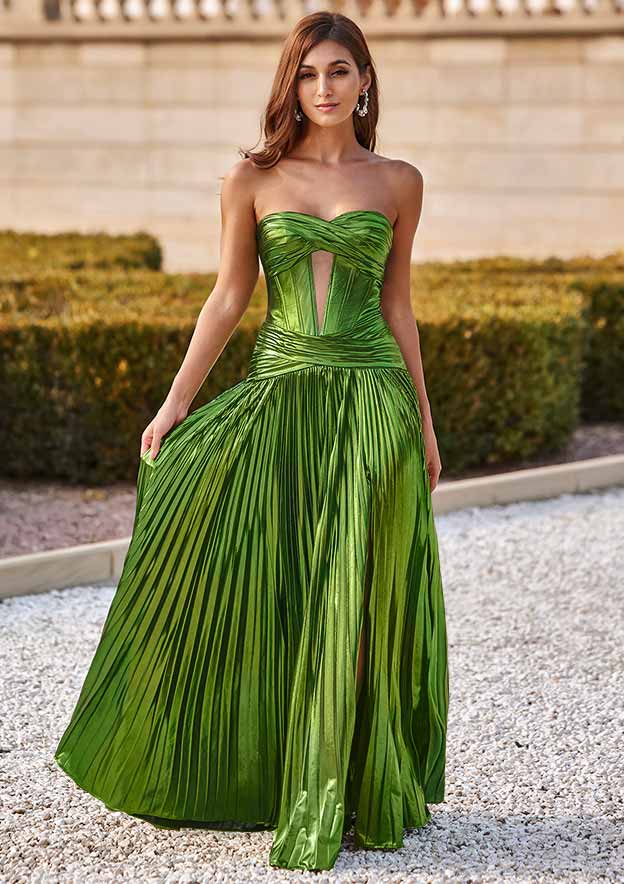 パーティードレス Krystin Strapless Asymmetrical Hem Dress A-line Strapless Metallic Corset Pleaded Slit Prom Dress