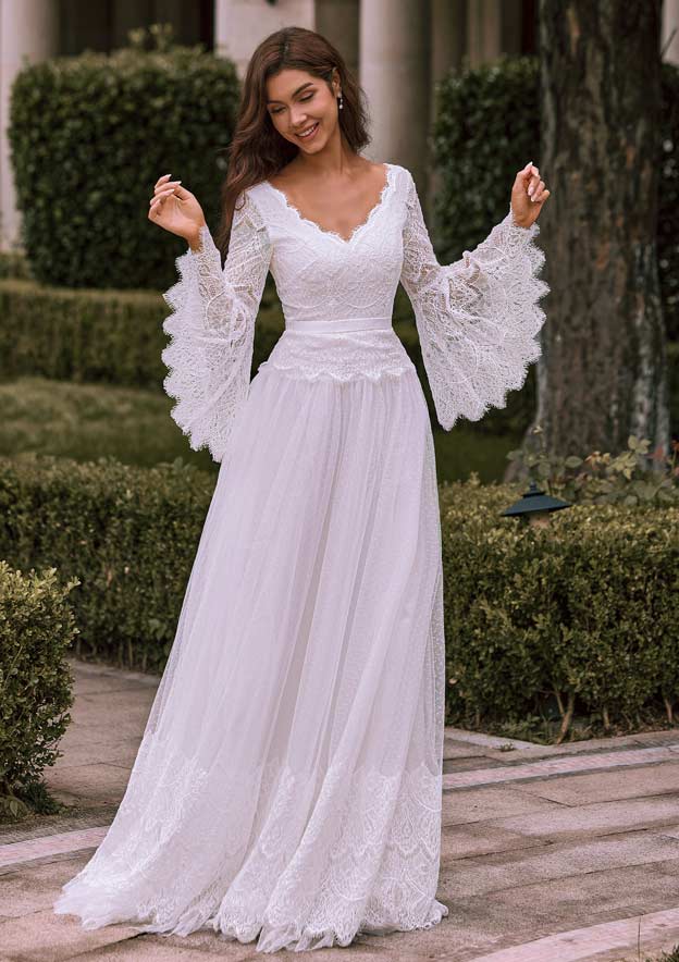 chinese dress ladies Zapaka Women Boho Wedding Dress Ivory Lace Chiffon Trumpet Sleeve Beach Bridal Dress, Ivory / US24W