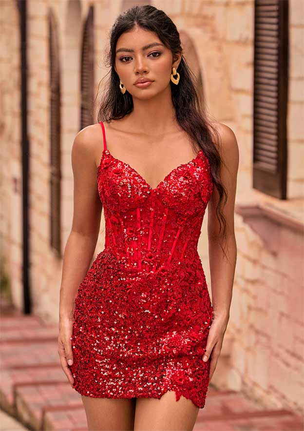Lace-Up Sequin Short Homecoming Dress with Slit Y2947 main image 1