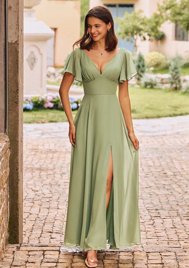 navy blue dress for baby girl Flutter Sleeve V-Neck Charmeuse Bridesmaid Dress