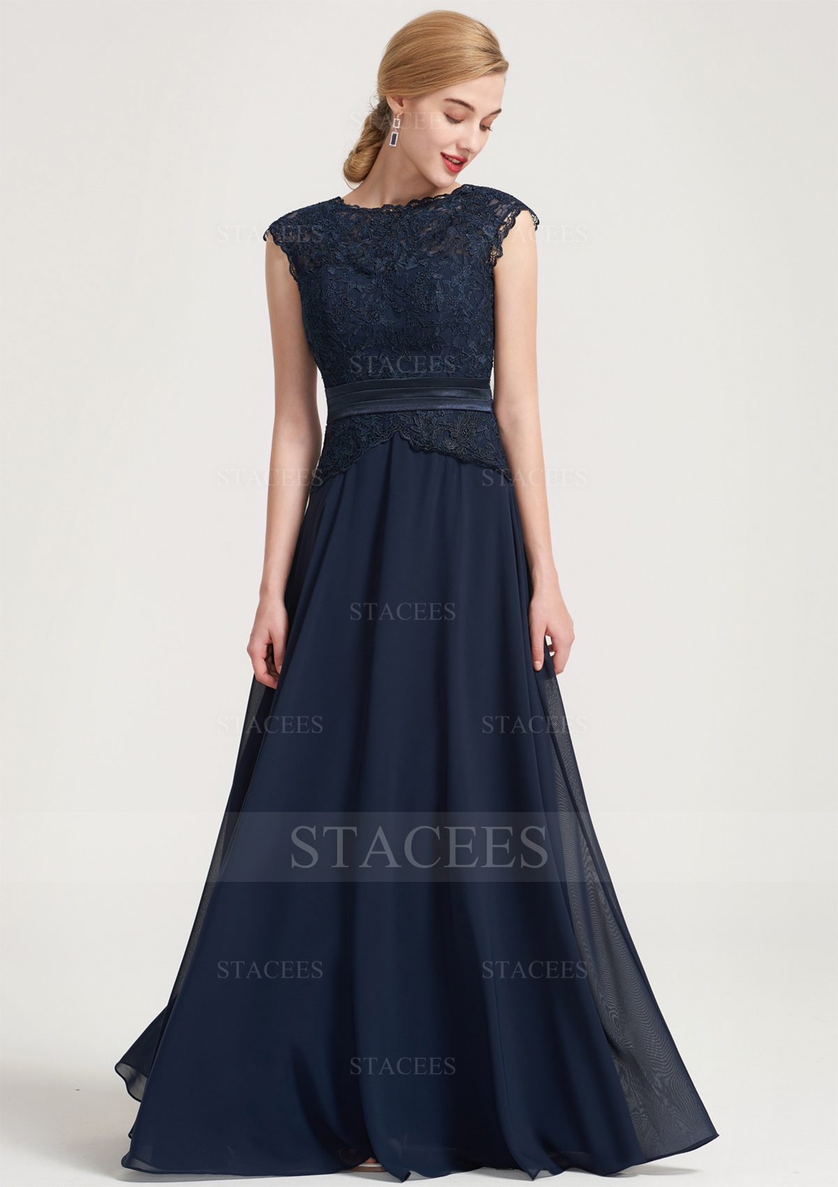 A-line/Princess Bateau Sleeveless Long/Floor-Length Chiffon Bridesmaid Dress With Sashes Lace Pleated