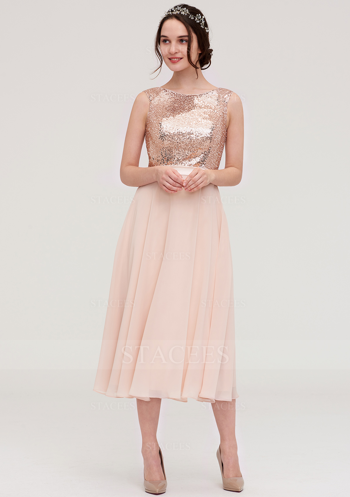 Vestido línea a escote bandeja gasa hasta la tibia vestido de dama de honor