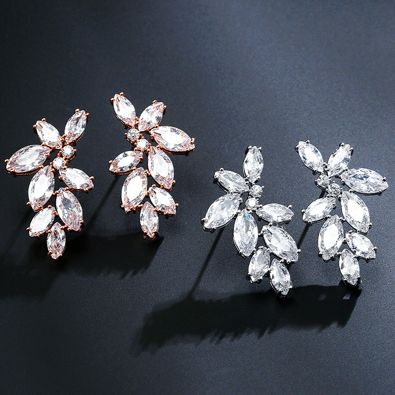 Charming Luxurious Ladies' Copper Leaves Earrings with Cubic Zirconia