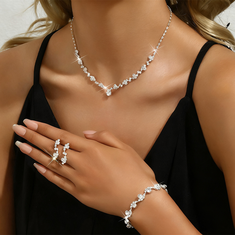 Chic Romantic Ladies' Copper Necklace Earring Bracelet Set with Rhinestone