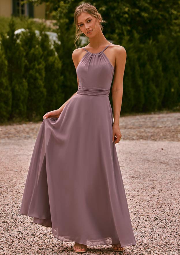 A-line Halter Chiffon Floor-Length Pleated Bridesmaid Dress with Cascading  Ruffles Long Flowy Wedding Party Gown - Bridesmaid Dresses - Stacees