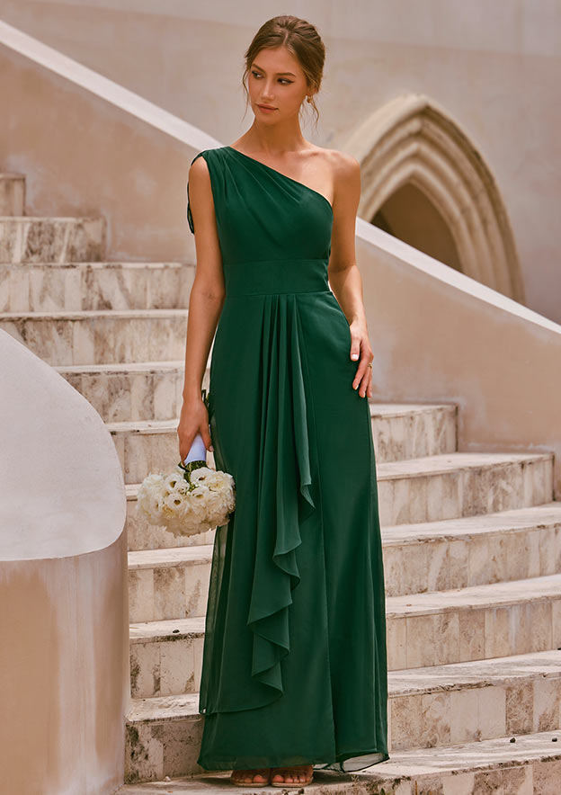 OneShoulder Flutter Sleeve Ruched Chiffon Bridesmaid Dress edding Party  Gown with Cascading Ruffle Slit S6127B - Bridesmaid Dresses - Stacees