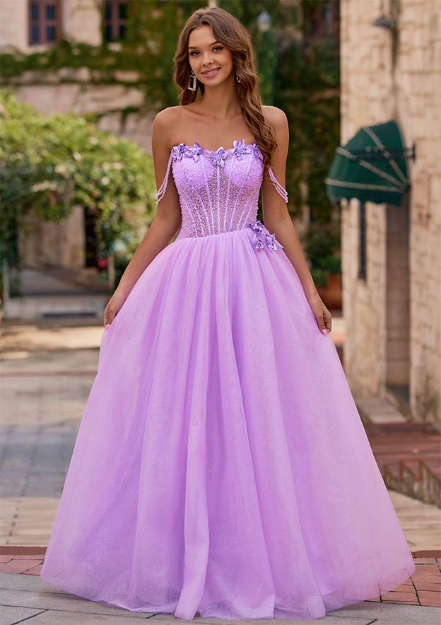 Off-the-shoulder Applique Tulle Sweep Train Dress Dark Green