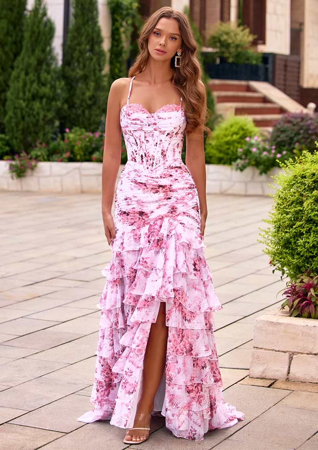 Fitted Ruched Corset Floral Tiered Ruffle Slit Prom Dress with Detachable Straps Fitted Ruched Corset Floral Tiered Ruffle Slit Prom Dress with Detachable Straps