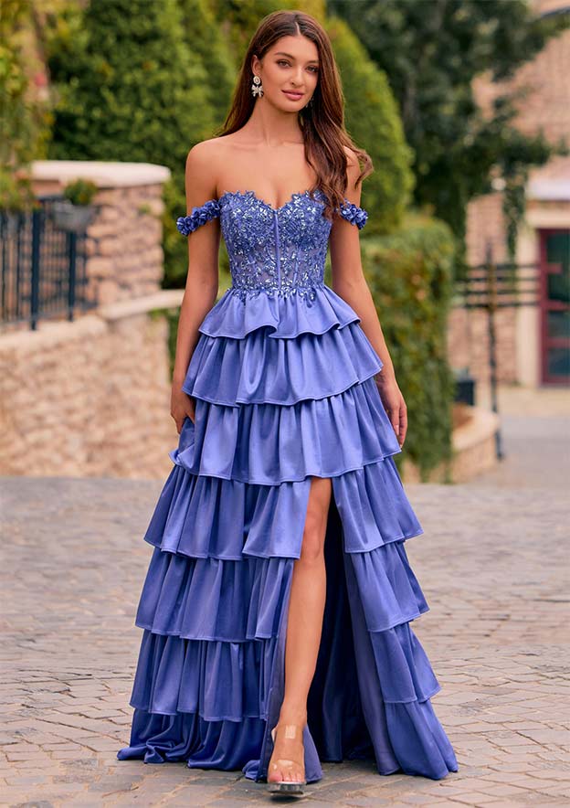 A-line Off-Shoulder Beaded Corset Tiered Ruffle Prom Dress with Slit S8932P  - Prom Dresses - Stacees
