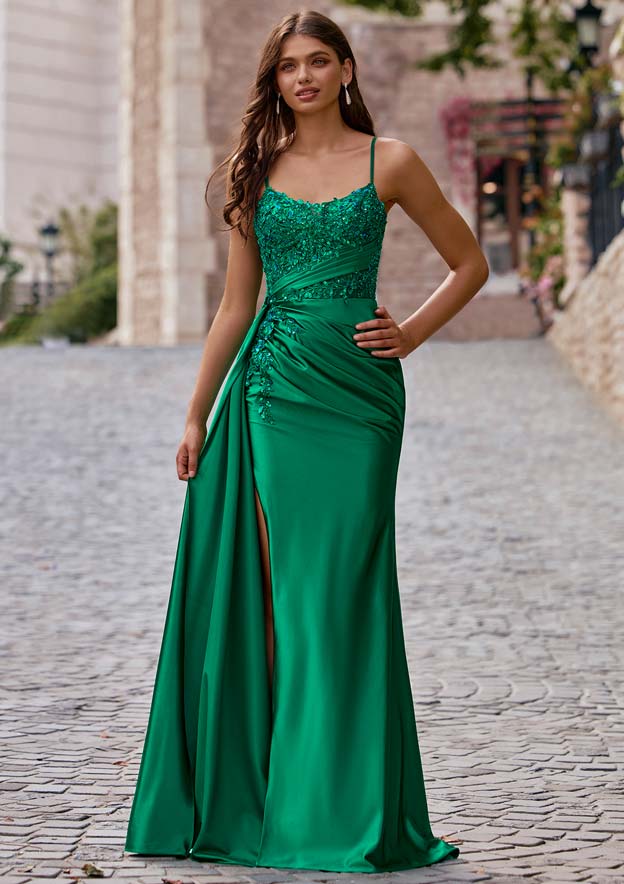 Fitted Embroidered Corset Ruched Slit Prom Dress with Side Draping