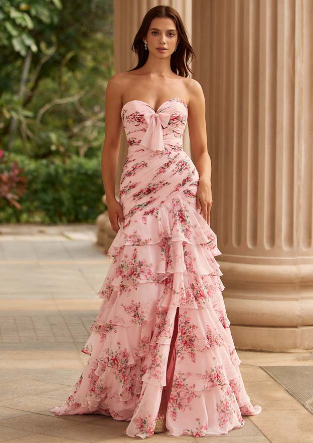 A-line Pleated Strapless Floral Print Chiffon Ruffle Tiered Prom Dress with Bow A-line Pleated Strapless Floral Print Chiffon Ruffle Tiered Prom Dress with Bow